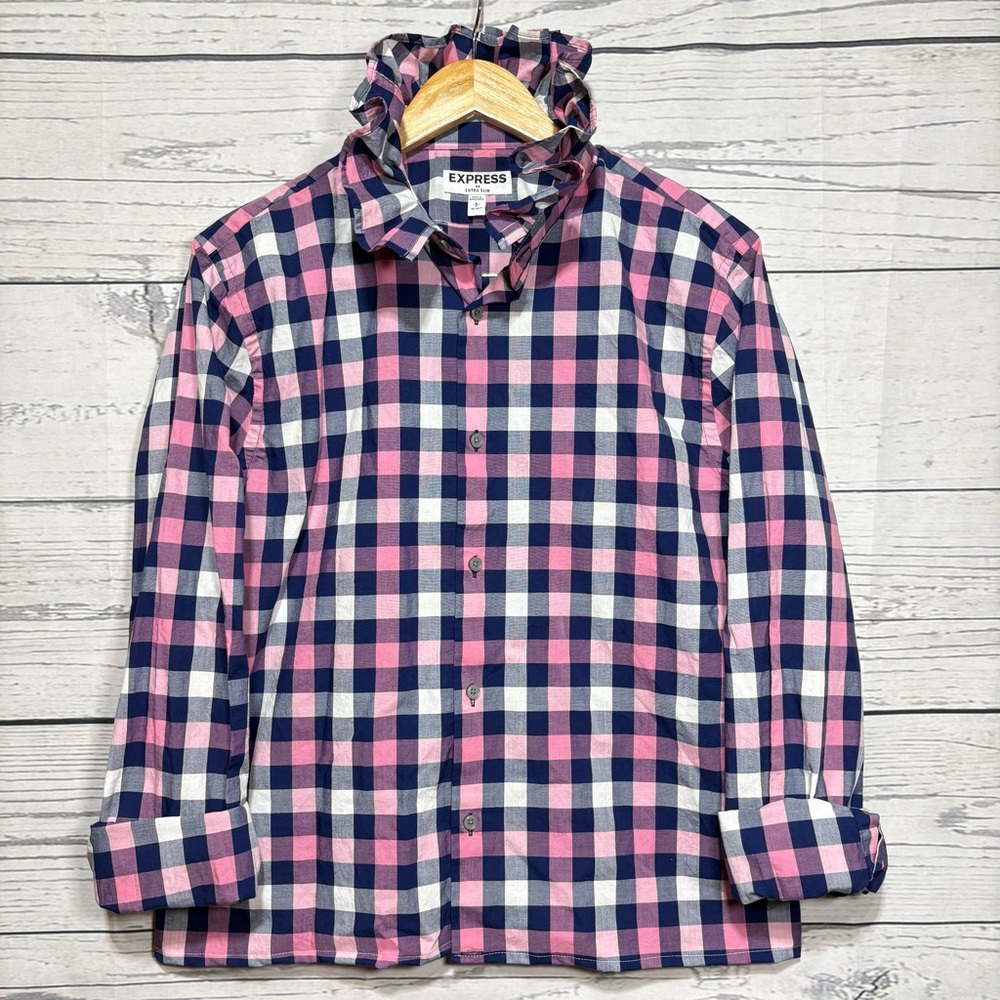 Upcycled Large Shirt Ruffle Collar Pink & Blue Checked Preppy Feminine CUTE